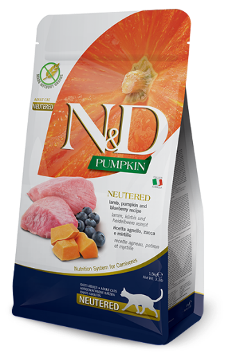 F40138 FARMINA N&D PUMPKIN - CAT Dry Lamb&Blueberry NEUTERED ADULT 1,5 kg (pak.8) paveikslėlis