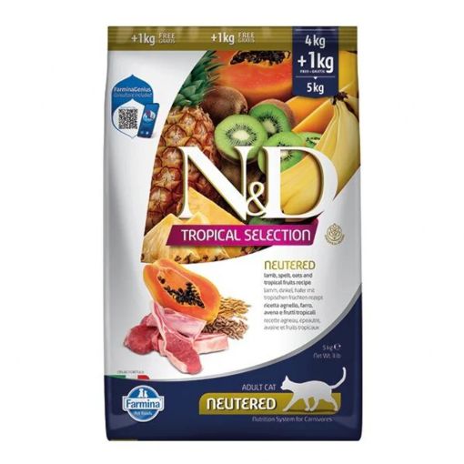 F42132 FARMINA N&D TROPICAL SELECTION - CAT Dry Lamb, Spelt, Oats NEUTERED 4+1 kg paveikslėlis