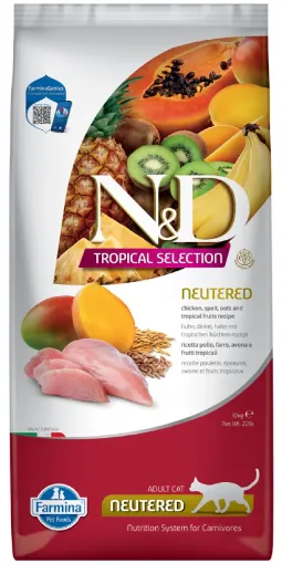 F42224 FARMINA N&D TROPICAL SELECTION - CAT Dry Chicken, Spelt, Oats NEUTERED 10 kg paveikslėlis