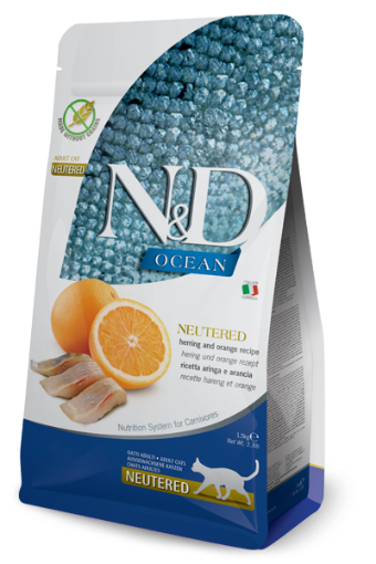 F40152 FARMINA N&D OCEAN - CAT Dry Herring&Orange NEUTERED ADULT 1,5 kg (pak.8) paveikslėlis