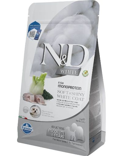 F44662 FARMINA N&D WHITE - DOG Dry Sea Bass Spirulina&Fennel ADULT MED&MAX 2 kg (pak.4) paveikslėlis