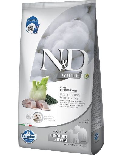 F44648 FARMINA N&D WHITE - DOG Dry Sea Bass Spirulina&Fennel ADULT MED&MAX 7 kg paveikslėlis